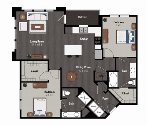 Floor plan for 2 beds, 2 baths, 1248 sqft